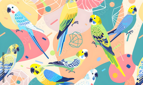 flat 2d geometric illustration features a variety of colorful parakeets and macaws, in the style of bold graphi