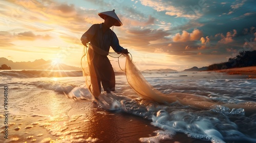 An Asian fisherman catches fish with a net on the ocean shore. He hunts at sunset in autumn, wearing his local clothes and hat photo