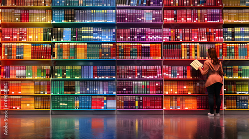 A librarian shelving books, each spine a different brilliant hue, in a vast library 3d render