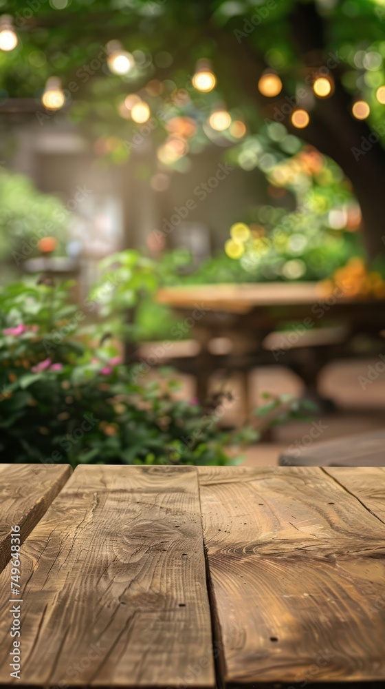 Wooden table in front of blurred background with bokeh lights Wooden table in front of blurred background with bokeh lights
