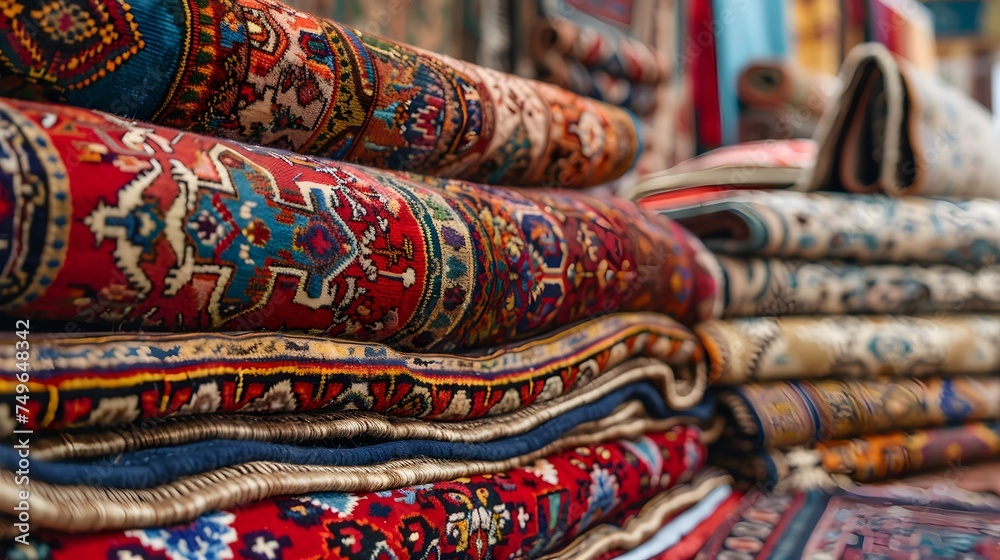 Assorted stunning oriental carpets at a traditional Middle Eastern store Array of handmade vibrant carpets in Middle Eastern market Close up of colorful carpets Assorted stunning oriental carpets at a traditional Middle Eastern store Array of handmade vibrant carpets in Middle Eastern market Close up of colorful carpets