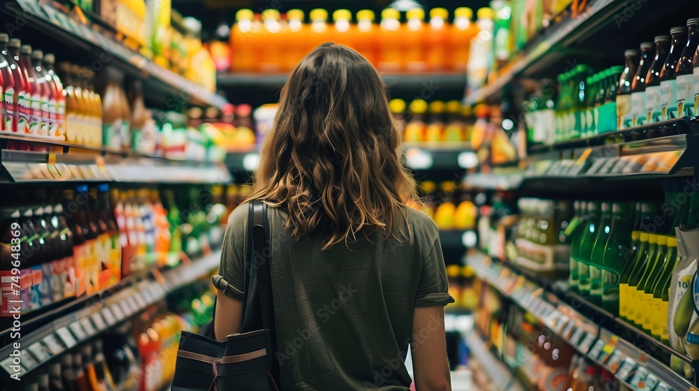 back view of young woman looking at bottle of juice in grocery store