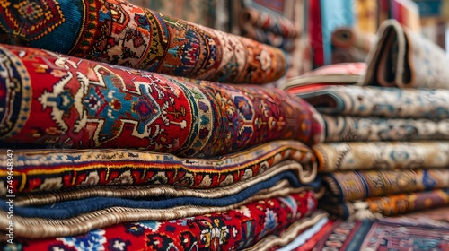 Assorted stunning oriental carpets at a traditional Middle Eastern store Array of handmade vibrant carpets in Middle Eastern market Close up of colorful carpets