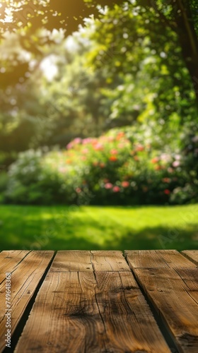 Wooden table in the park. Blurred background. Selective focus.