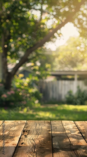 Wooden table in front of blurred garden background with bokeh