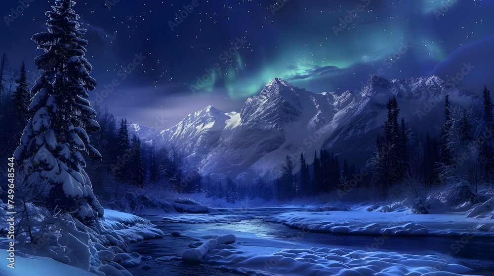 Boreal lights, frozen river in the mountains. Night view in the cold forest. Winter season Boreal lights, frozen river in the mountains. Night view in the cold forest. Winter season