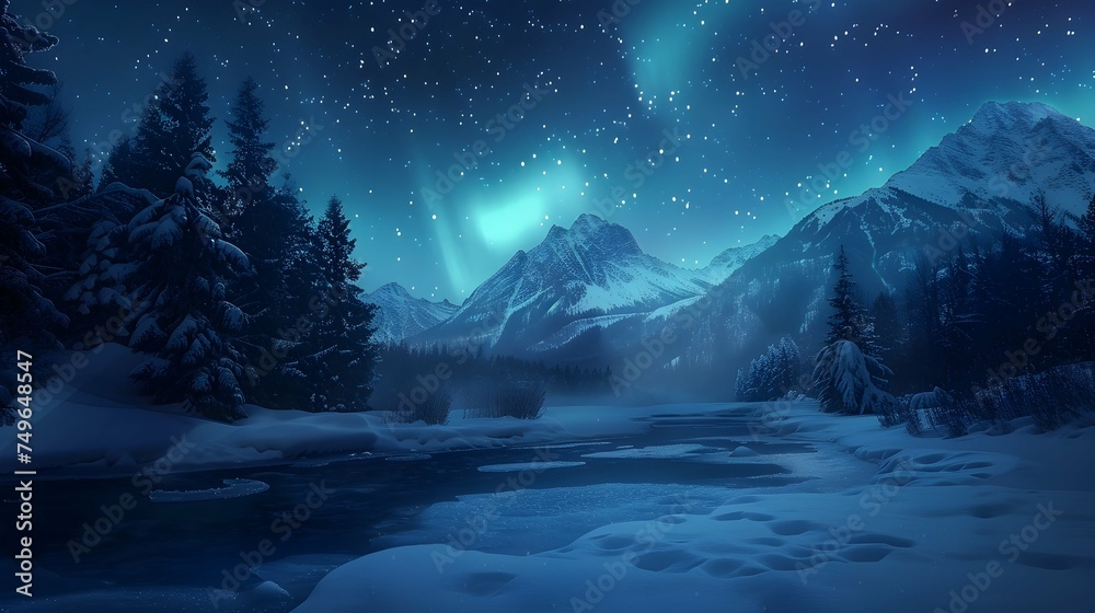 Boreal lights, frozen river in the mountains. Night view in the cold forest. Winter season