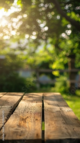 Wooden table in garden with bokeh background, selective focus