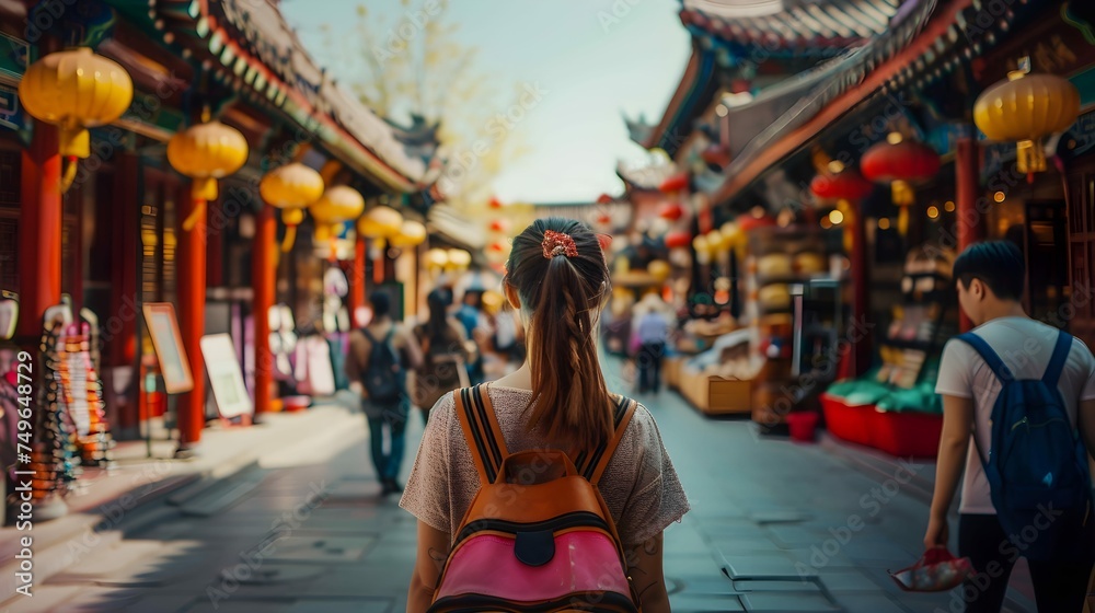 China food market street in Beijing. Chinese tourist walking in city streets on Asia vacation tourism. Asian woman travel lifestyle panoramica banner China food market street in Beijing. Chinese tourist walking in city streets on Asia vacation tourism. Asian woman travel lifestyle panoramica banner