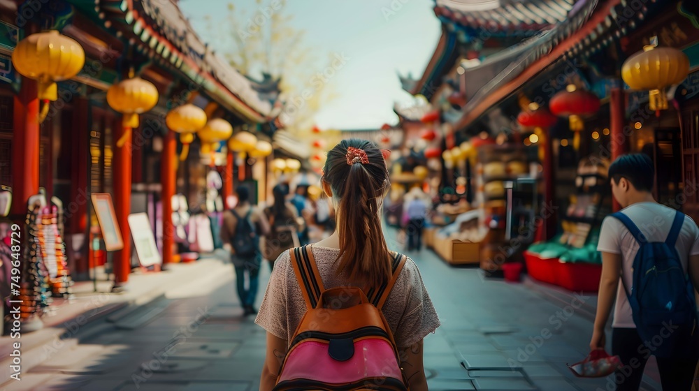 China food market street in Beijing. Chinese tourist walking in city streets on Asia vacation tourism. Asian woman travel lifestyle panoramica banner