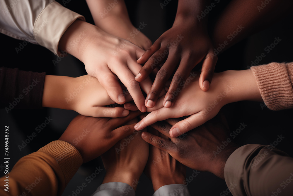 Many hands from diverse people joining together in circle, people putting hands together as symbol of unity. Team Concept, Top View