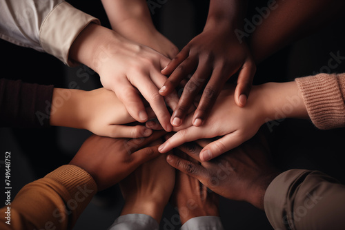 Many hands from diverse people joining together in circle, people putting hands together as symbol of unity. Team Concept, Top View