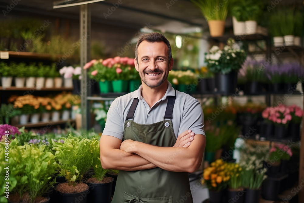 Obraz premium A handsome young male florist gardener posing in greenhouse. Small business owner in flower shop