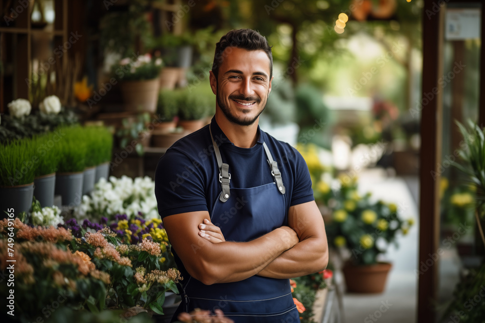 A handsome young male florist gardener posing in greenhouse. Small business owner in flower shop A handsome young male florist gardener posing in greenhouse. Small business owner in flower shop
