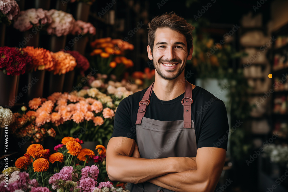 A handsome young male florist gardener posing in greenhouse. Small business owner in flower shop A handsome young male florist gardener posing in greenhouse. Small business owner in flower shop
