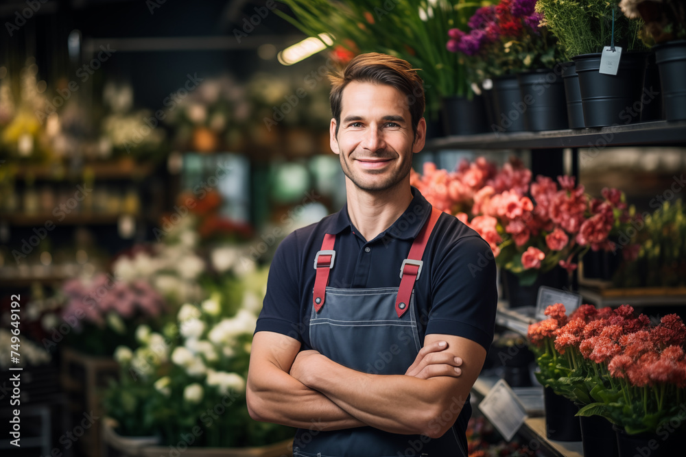 A handsome young male florist gardener posing in greenhouse. Small business owner in flower shop A handsome young male florist gardener posing in greenhouse. Small business owner in flower shop