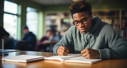 Focused African American Student Studying in Library - Academic Success Concept