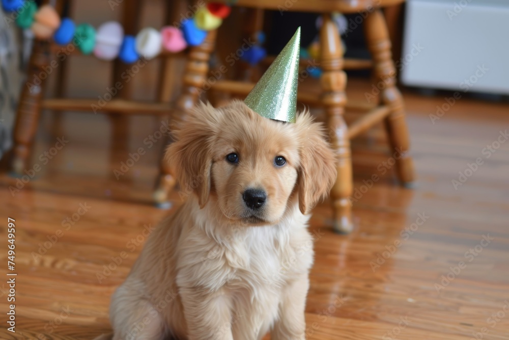 Adorable Puppy With Party Hat Sitting on the Floor. Generative AI