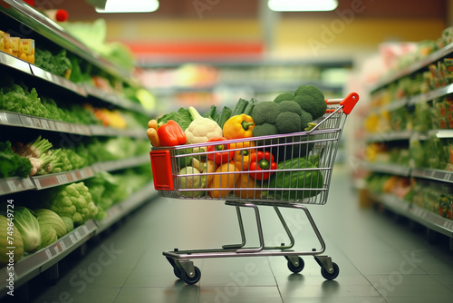 Full Shopping Cart with Fresh Vegetables in Supermarket Aisle