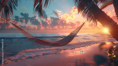Hammock on a tropical beach at sunset. 