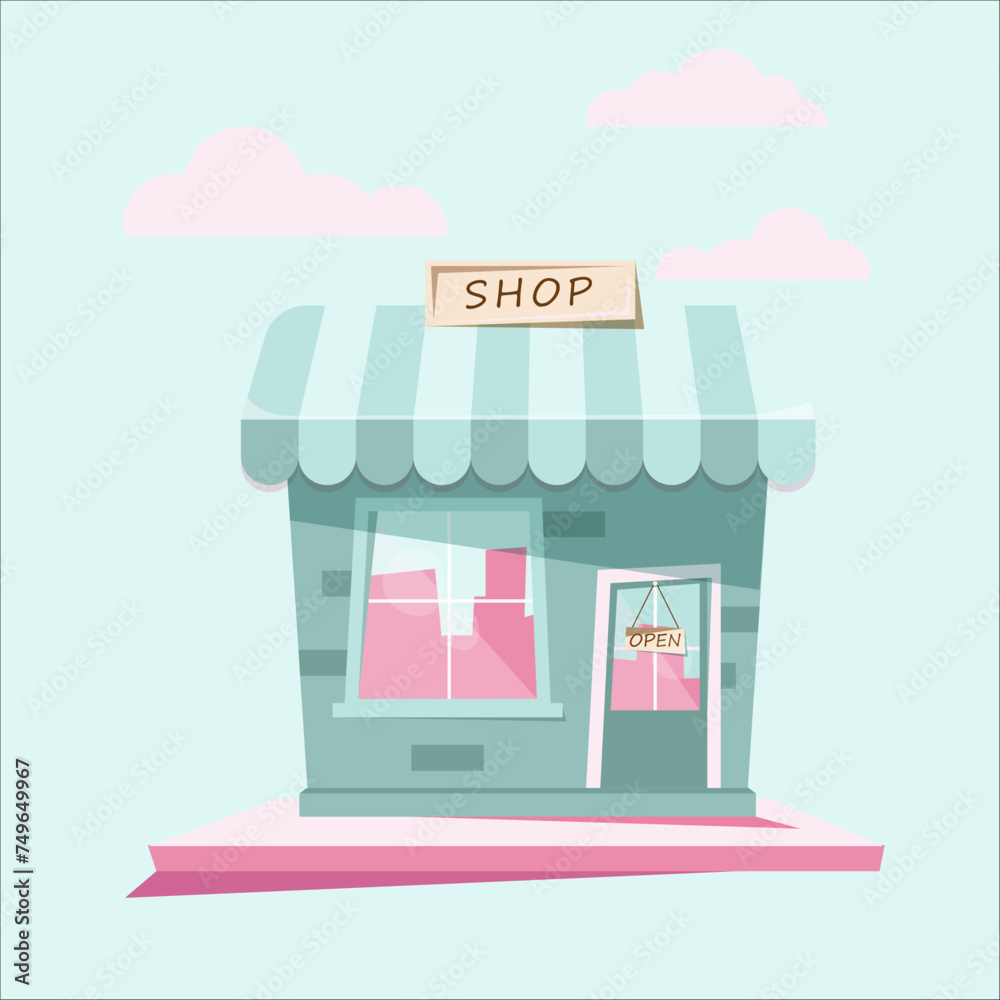 Illustration of a store in beige with a red and white canopy. Building vector EPS10
