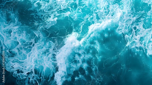 aerial view of turquoise ocean water with splashes and foam for abstract natural background and texture