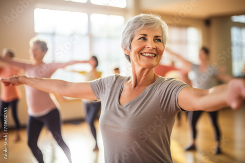Pilates and wellness with senior women practicing mind-body-spirit exercises in a studio. Focus on health, retirement, and yoga for elderly friends seeking peace, balance, and fitness in a zen class.