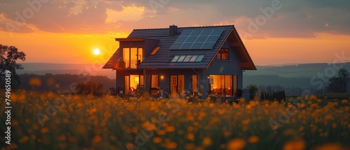 A charming house with solar panels on the roof is surrounded by a field of colorful flowers under the setting sun, creating a picturesque natural landscape © Bagdasar