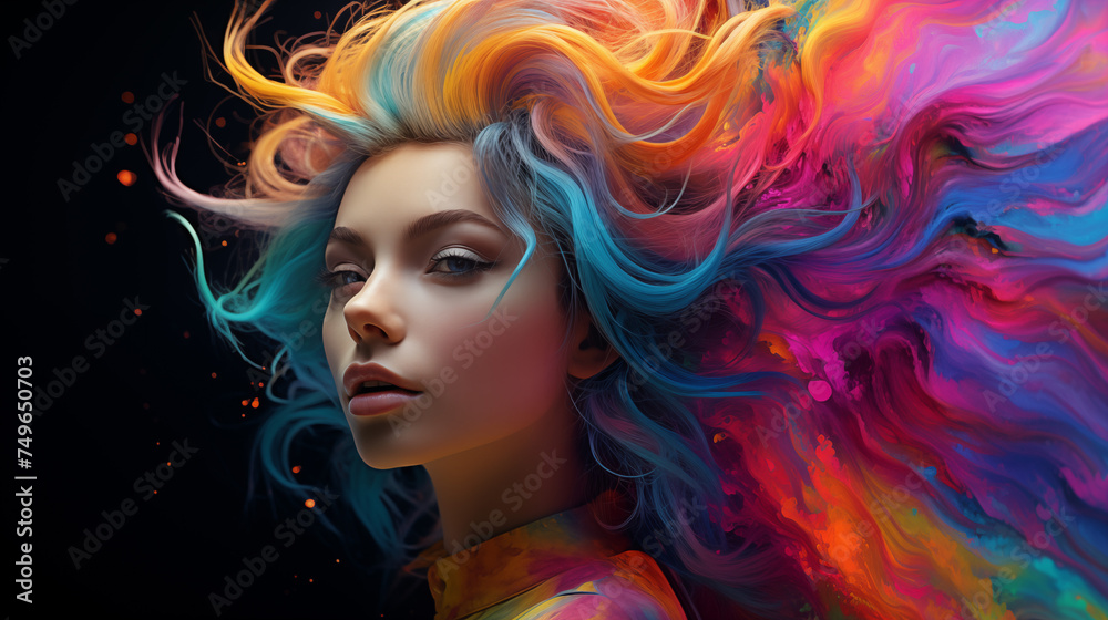Vibrant Fantasy: Woman with Colorful Cosmic Hair