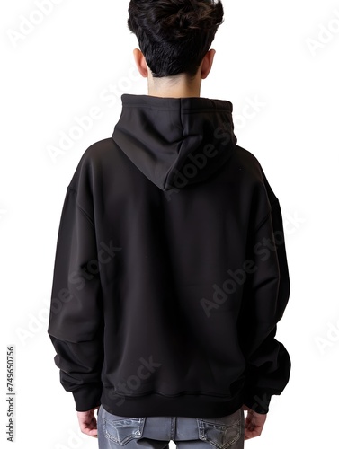 Latino male model, wearing a blank black cotton hoodie, facing away from us, white background, whole body