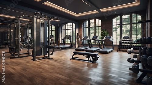 A gym interior that blends modern and traditional elements, combining contemporary equipment with antique accents.