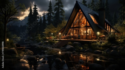 A secluded cabin in a dense pine forest © MH Art