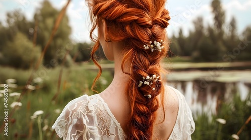 pretty beautiful braiding hairstyle, red hair bridal bohemian hairstyle in nature landscape photo