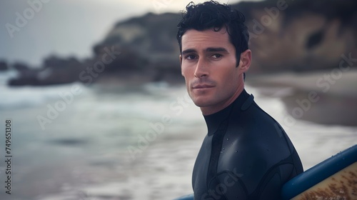 Portrait of good looking masculine male surfer with dark hair & black wetsuit, surfboard on the beach, ocean in the background