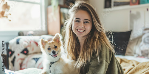 Young Woman Smiling with Her Charming Dog in a Cozy, Sunlit Room. Home office.