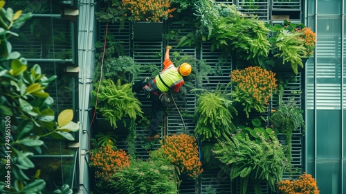 A man is scaling a vertical garden on the facade of a building, surrounded by lush plants like trees, shrubs, and flowers, creating a green oasis in the urban setting