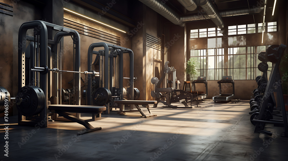 A gym interior that caters to bodybuilders, with specialized machines and equipment.