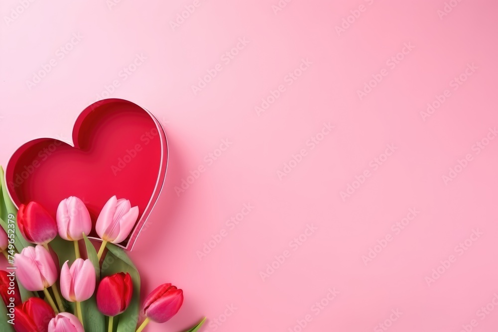 Red heart-shaped box with pink and red tulips on a pink background, symbolizing love and affection.