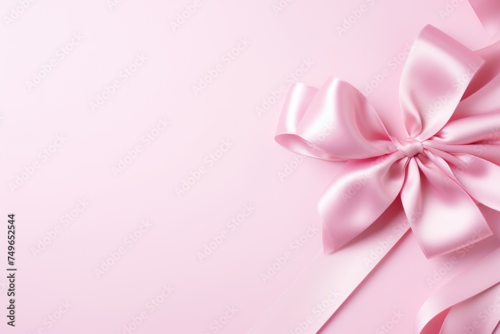 Luxurious pink satin ribbon bow on a soft pastel pink background for celebrations.