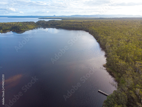 aerial panorama of unique ecosystem of noosa everglades - beautiful curvy noosa river and lush, green wetlands in south east queensland, australia, near sunshine coast and noosa heads 