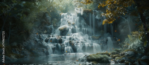 A powerful waterfall cascades down rocks, surrounded by dense green trees in a forest setting. The water flows swiftly, creating a mesmerizing sight after a long walk through the woods.