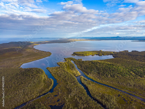 aerial panorama of unique ecosystem of noosa everglades - beautiful curvy noosa river and lush  green wetlands in south east queensland  australia  near sunshine coast and noosa heads