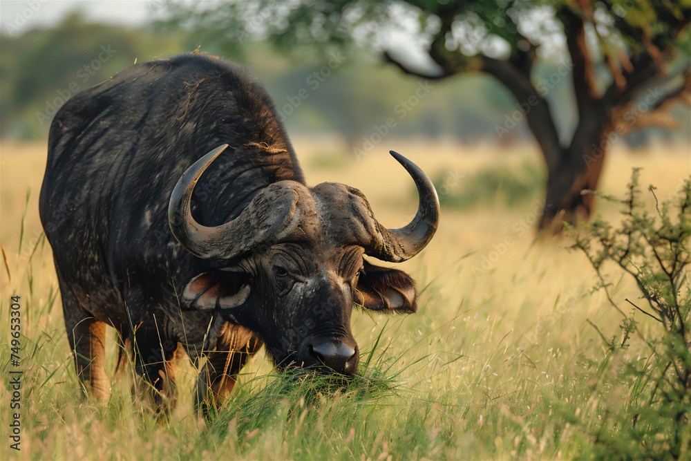 a buffalo eating grass under a shady tree.