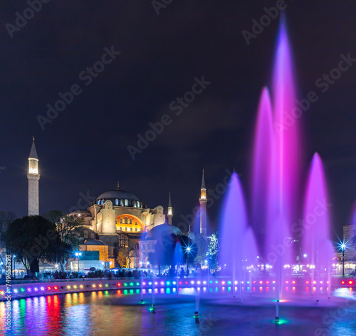 Hagia Sophia and Sultan Ahmet Park Fountain at Night