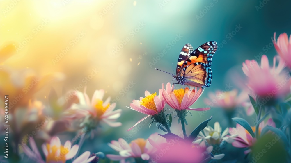 A butterfly alights on flowers with a soft-focus background - obrazy, fototapety, plakaty 