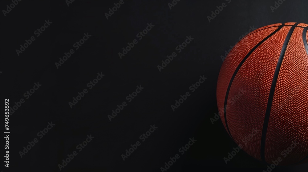 Close-up of a basketball on a dark background, emphasizing texture