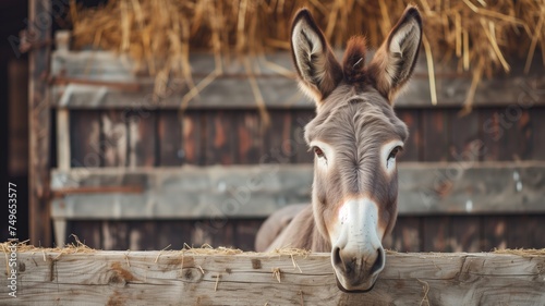 A curious donkey peers over a wooden fence  hay in the background