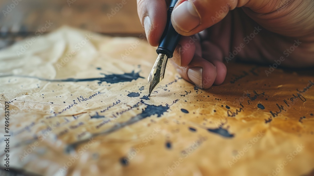 Hand scribing thoughtful words with a classic quill on parchment