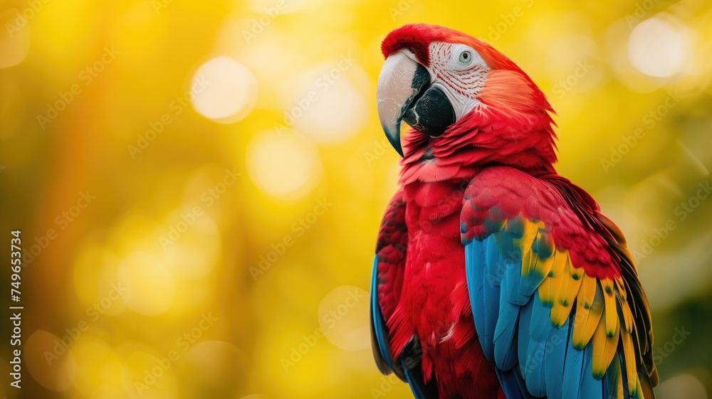 A colorful macaw parrot with vibrant plumage in a sunny forest