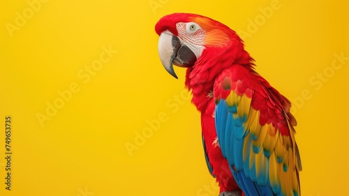 A majestic scarlet macaw parrot against a yellow backdrop